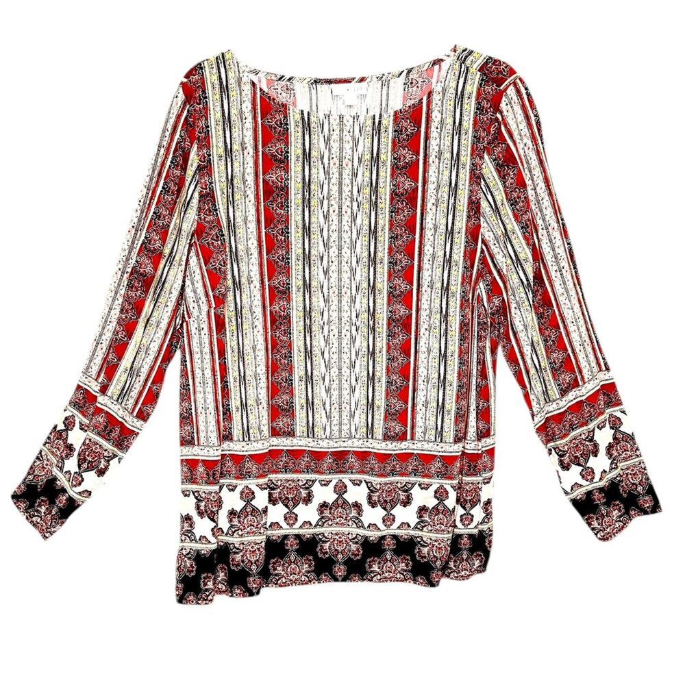 J. Jill Red Cream Floral Pattern Print Long Sleeve 100% Rayon Blouse Large